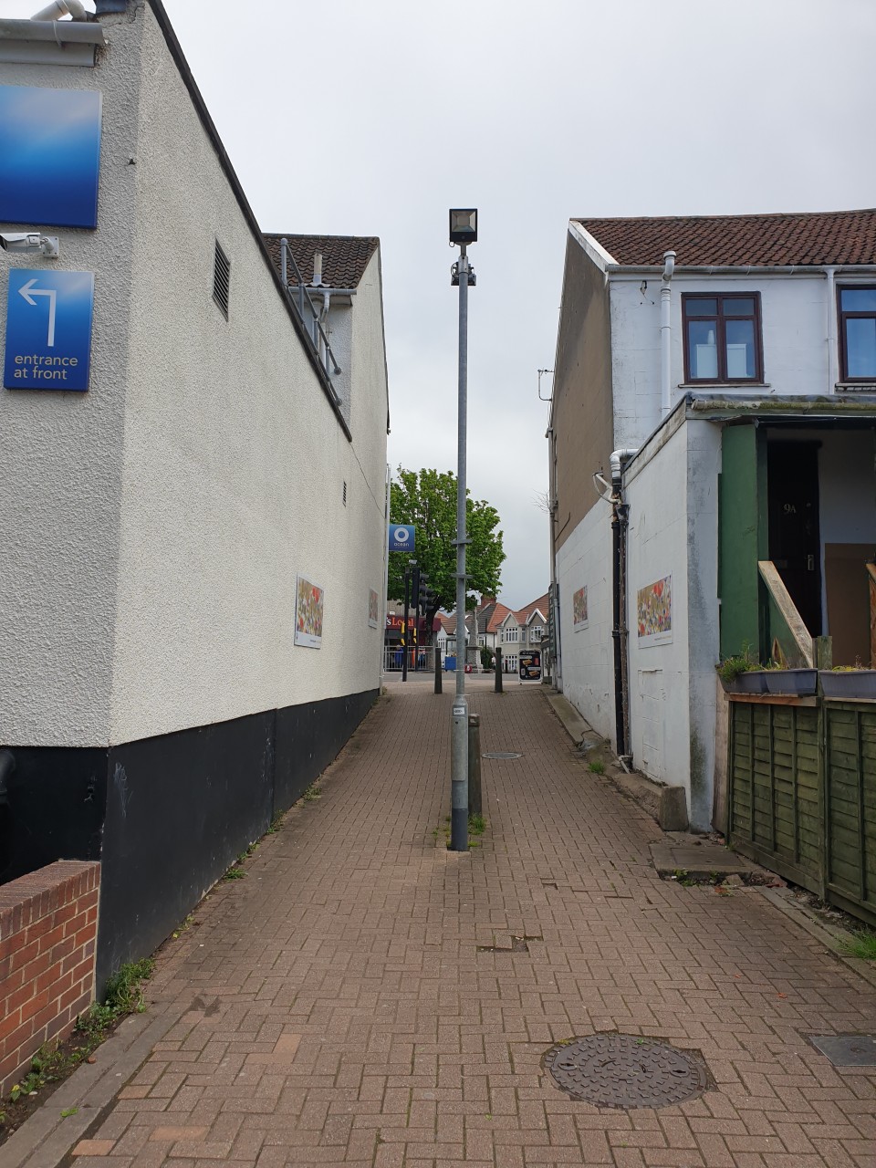 the Lighting Column in the lane leading from the Co-op car park to the pedestrian crossing on the Badminton Road.